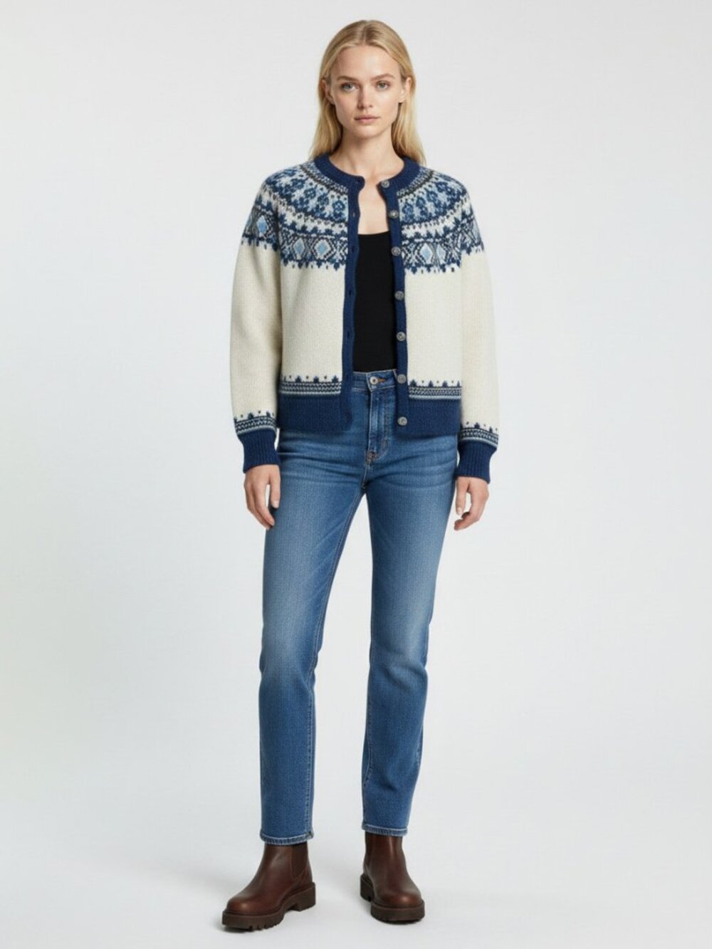 Navy and Cream Patterned Cardigan